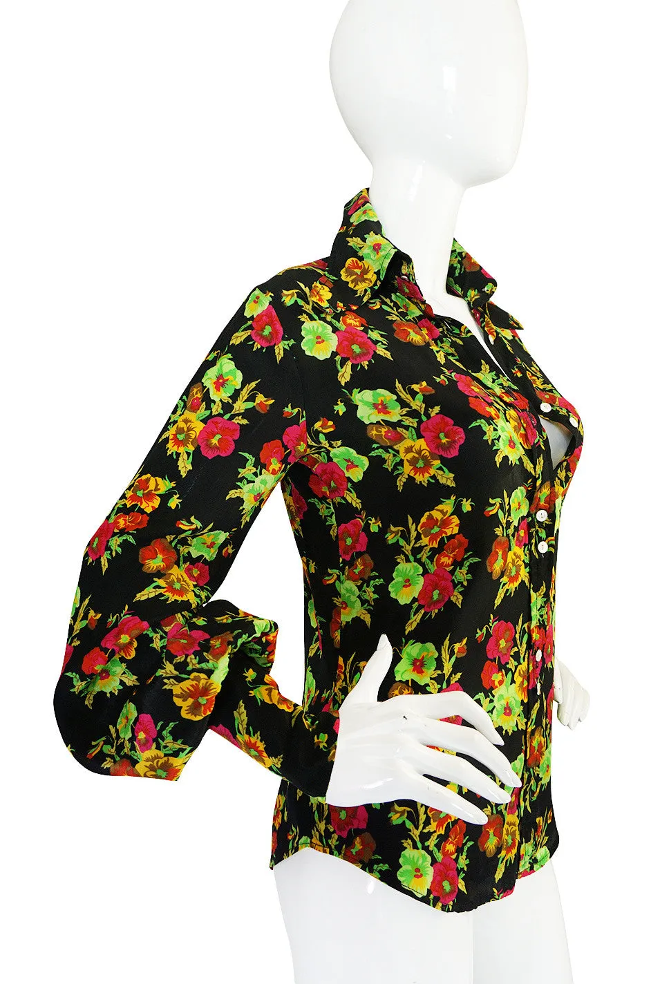 1960s Rare Bright Floral Silk Jeff Banks Button Shirt