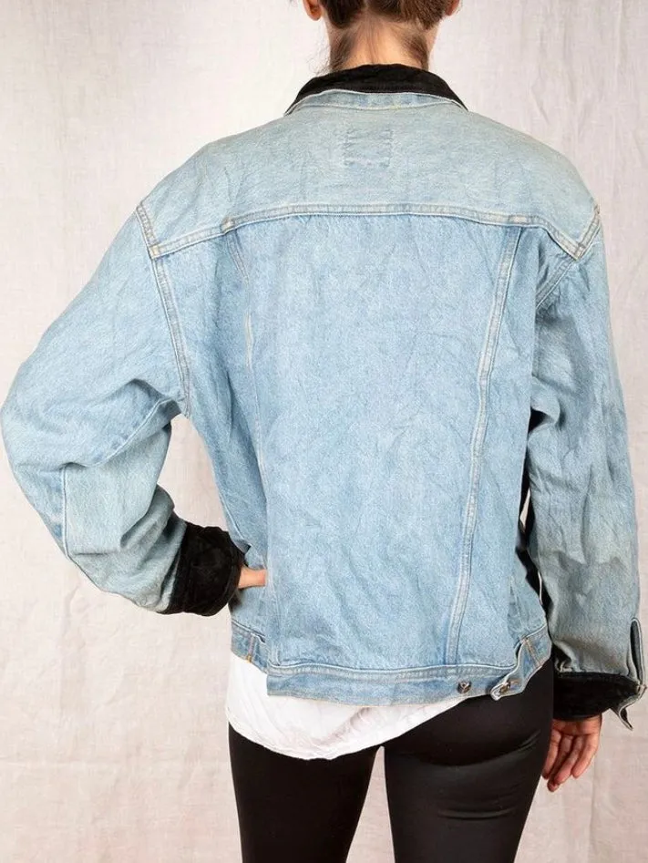 1980s - 90s Light Wash Denim Jacket with Black Velvet Details