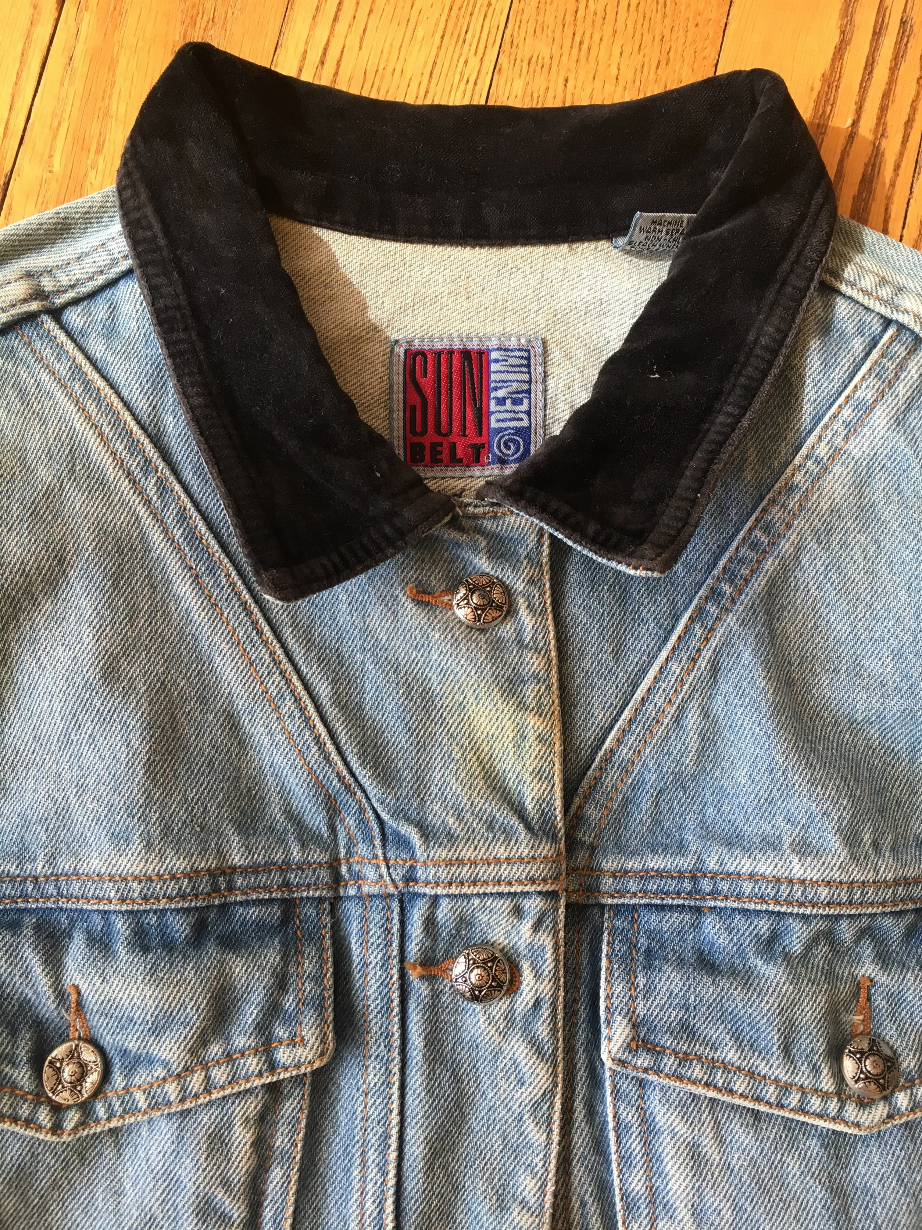 1980s - 90s Light Wash Denim Jacket with Black Velvet Details