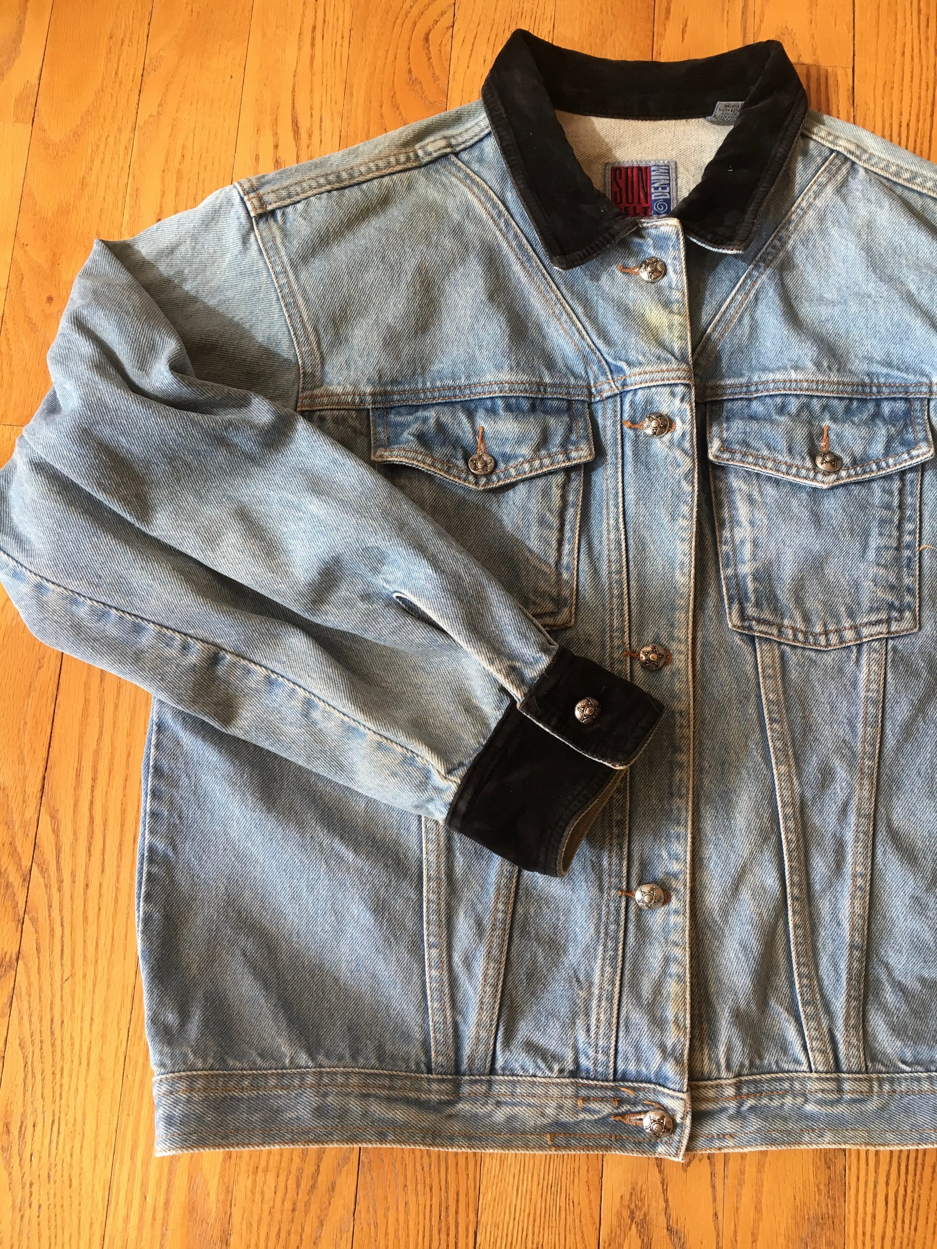 1980s - 90s Light Wash Denim Jacket with Black Velvet Details