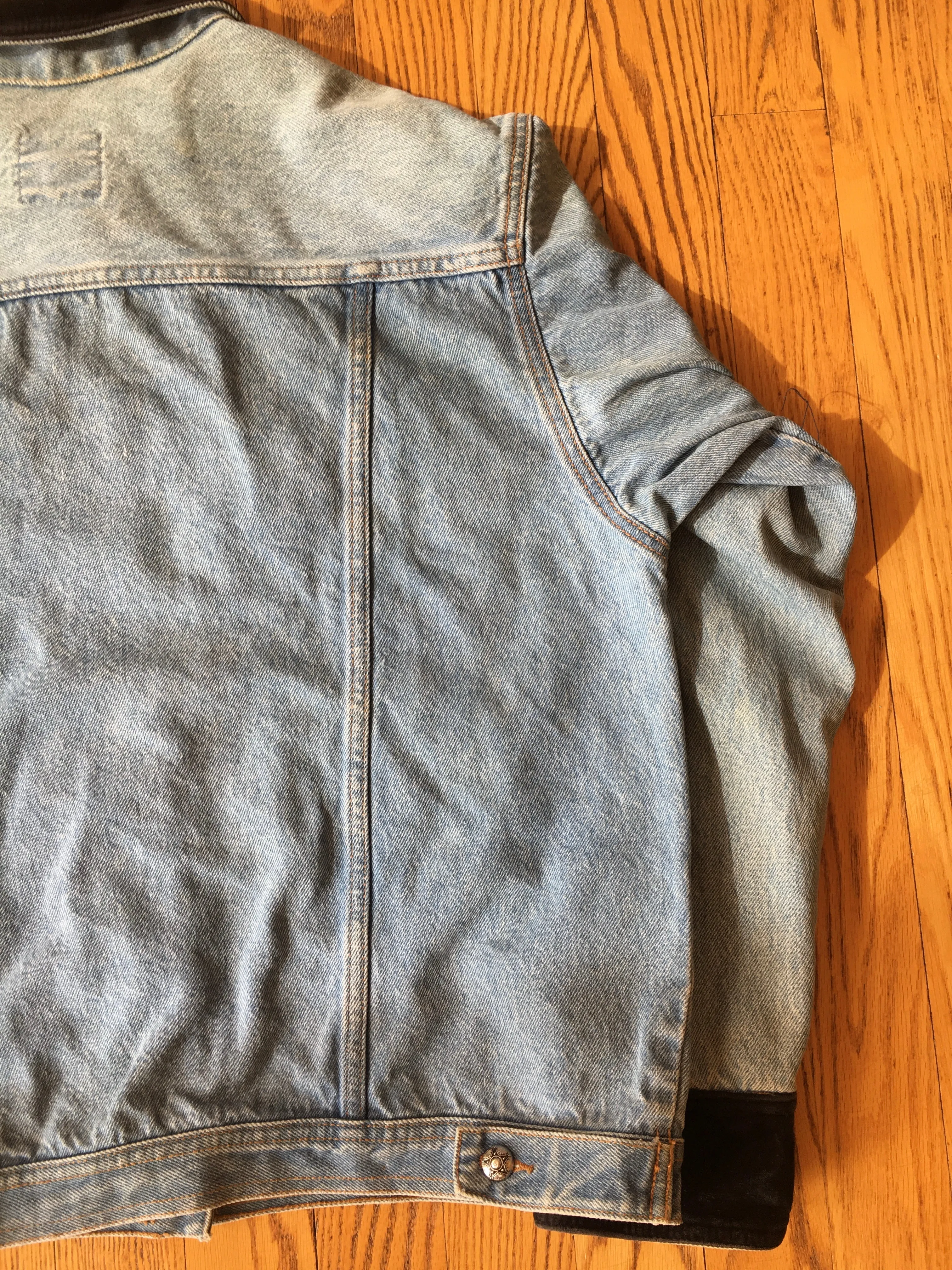 1980s - 90s Light Wash Denim Jacket with Black Velvet Details