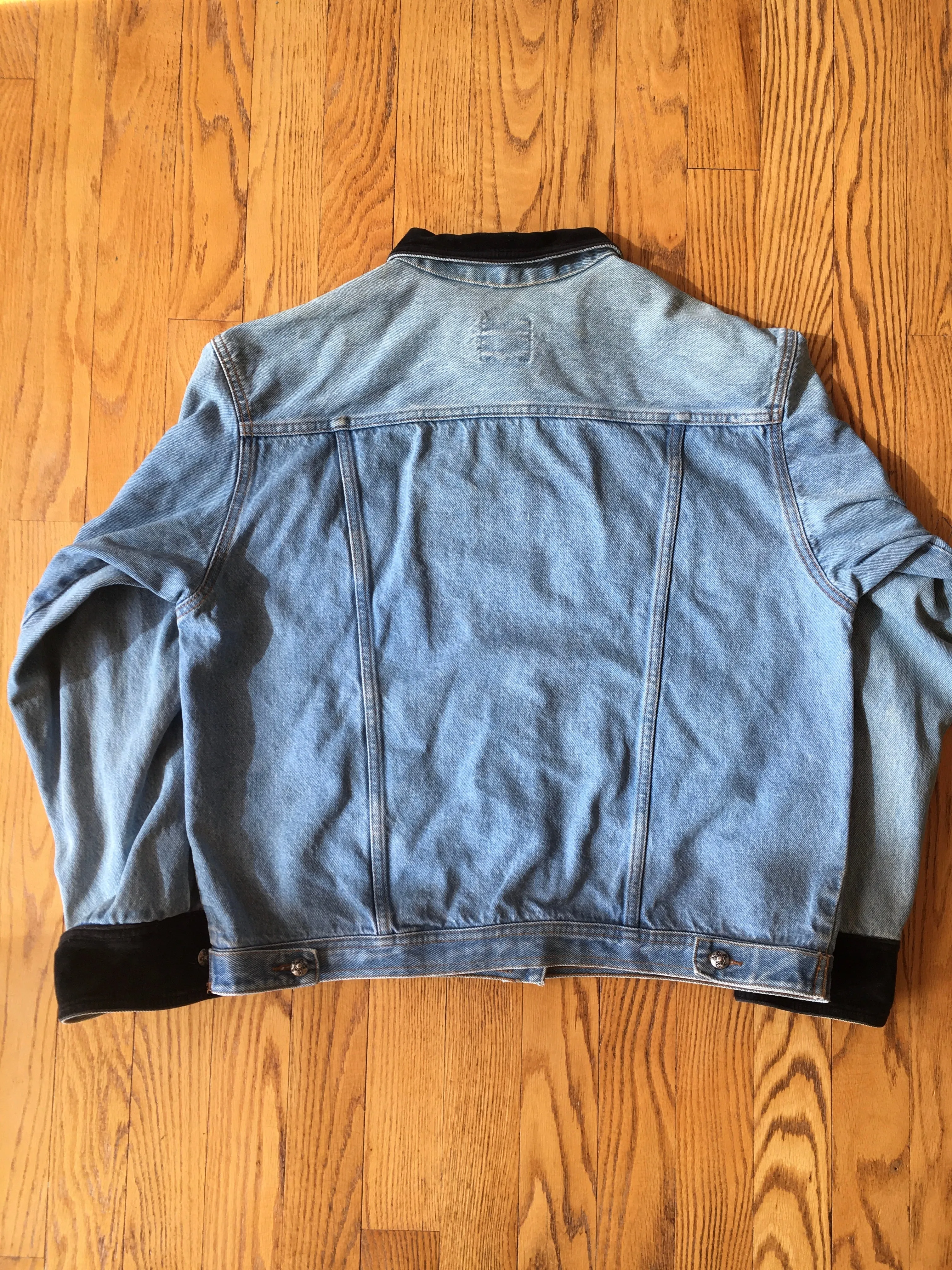 1980s - 90s Light Wash Denim Jacket with Black Velvet Details