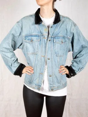 1980s - 90s Light Wash Denim Jacket with Black Velvet Details