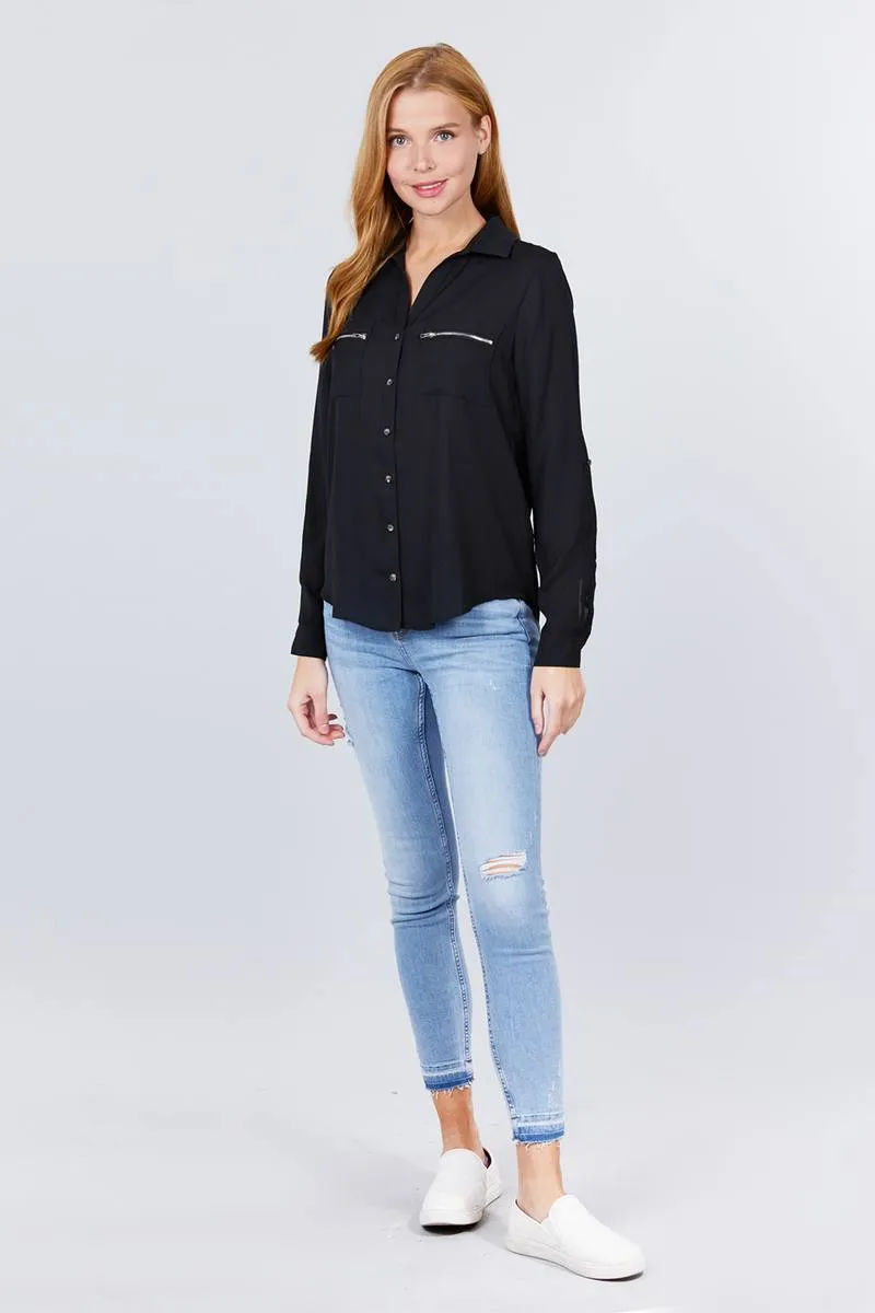 3/4 Roll Up Sleeve Pocket W/zipper Detail Woven Blouse