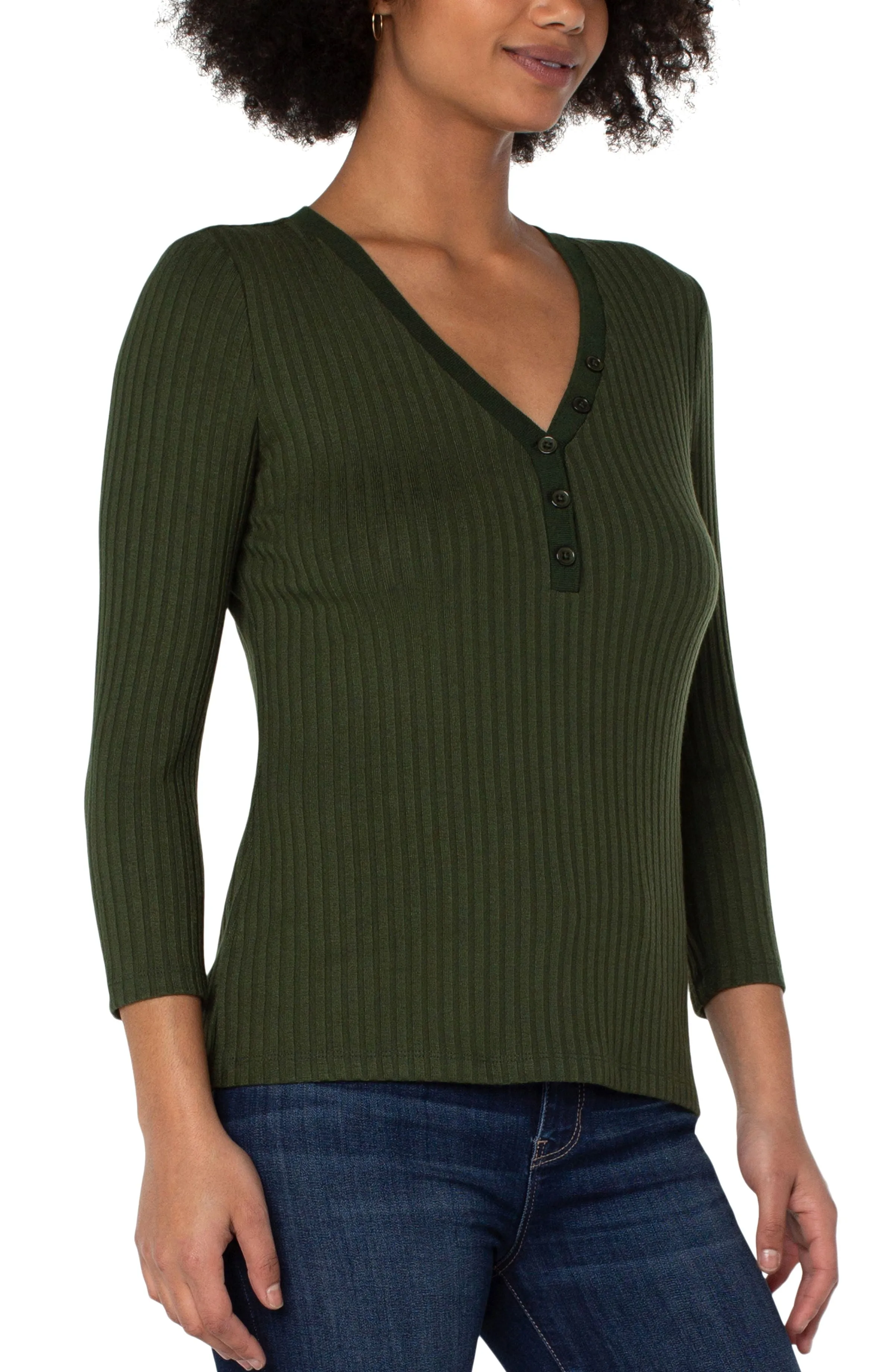 3/4 Sleeve Rib Knit Henley