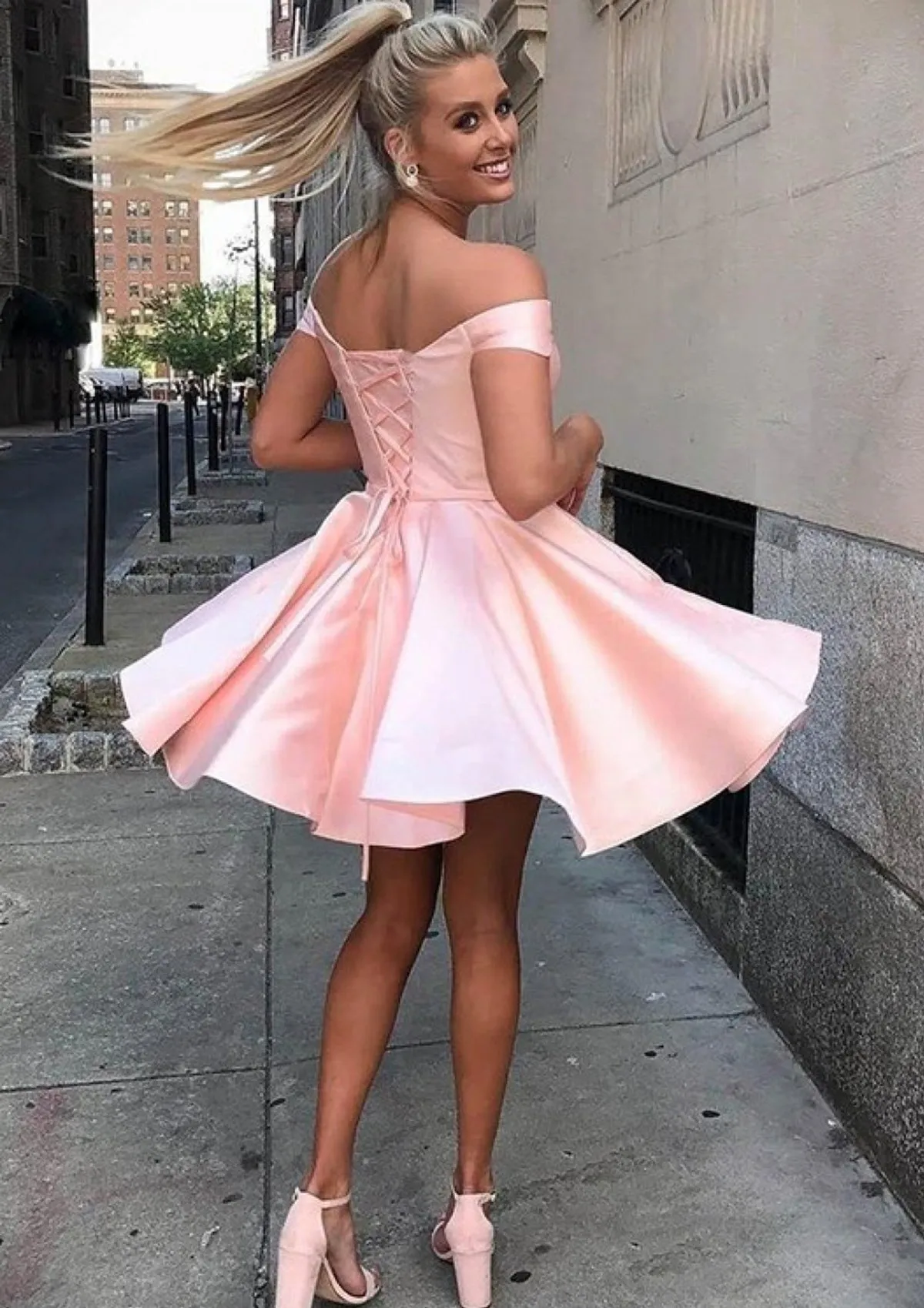 A-line Off Shoulder Satin Short Mini Homecoming Dress, Sash