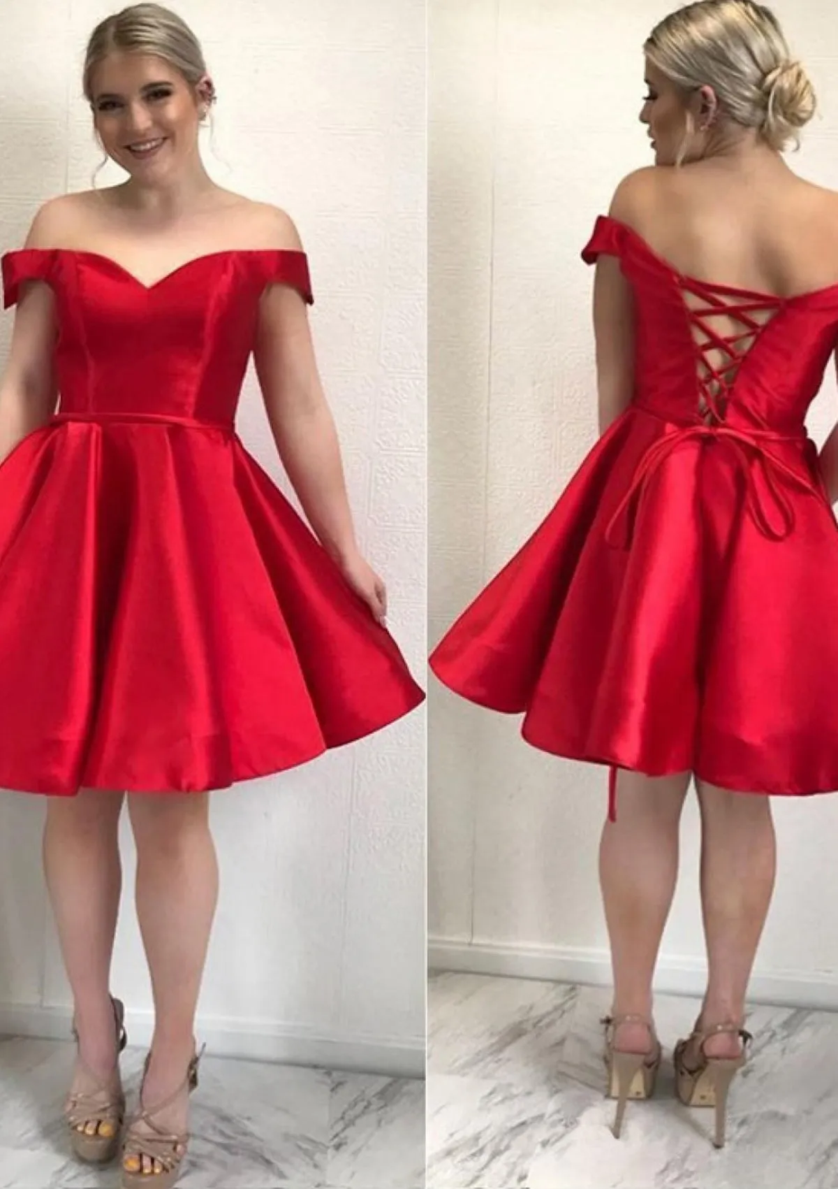 A-line Off Shoulder Satin Short Mini Homecoming Dress, Sash