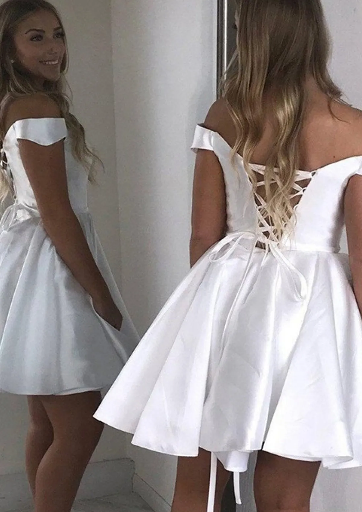 A-line Off Shoulder Satin Short Mini Homecoming Dress, Sash
