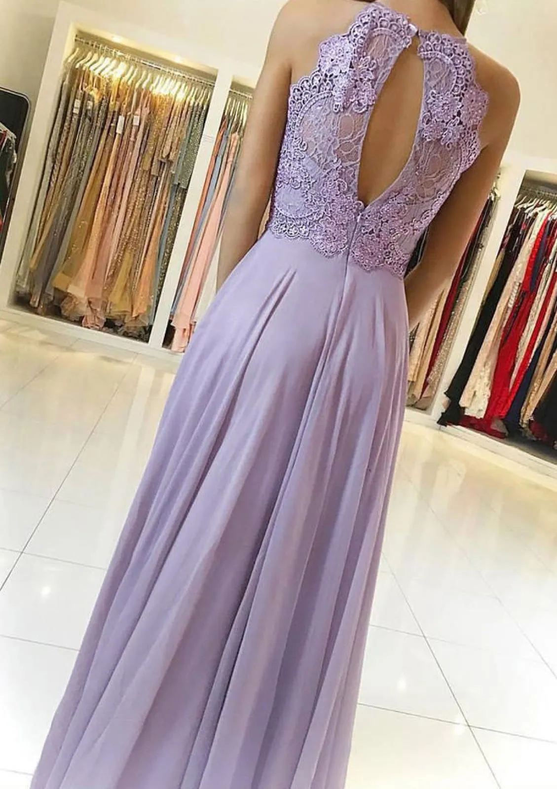 A-line Scoop Neck Sleeveless Lavender Lace Chiffon Evening Dress