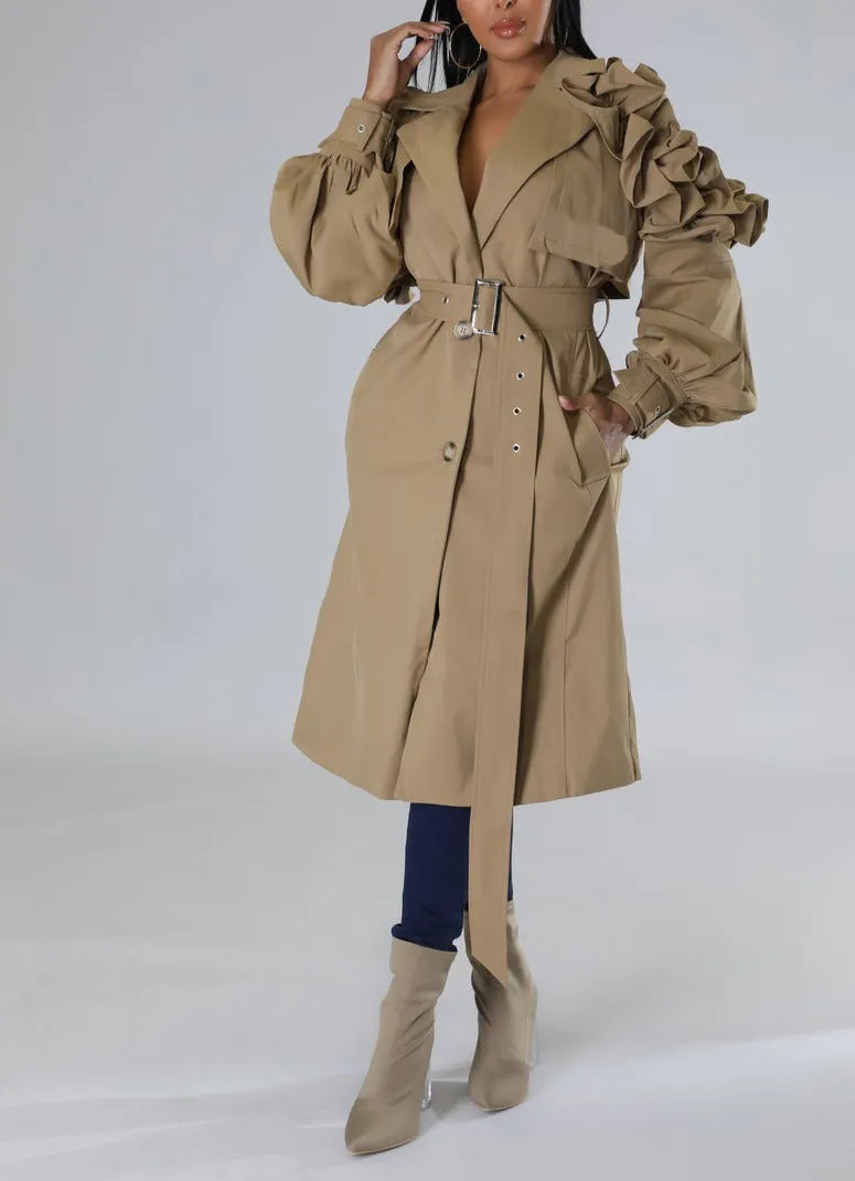 AJK6504P - RUFFLE SHOULDER TRENCH COAT