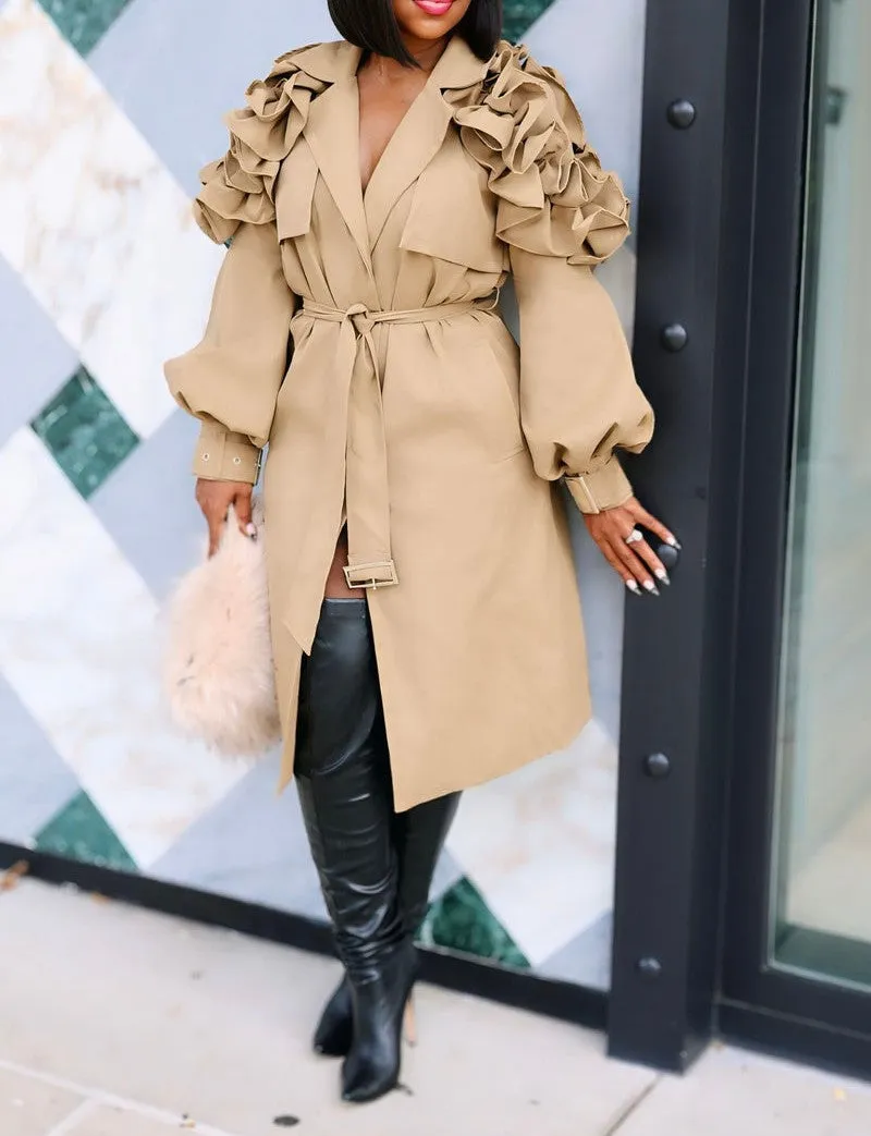 AJK6504P - RUFFLE SHOULDER TRENCH COAT