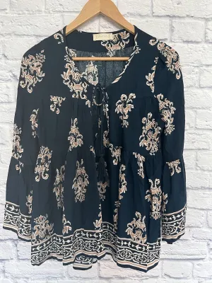 ALTAR’D STATE Navy Blue Paisley Bell Sleeve Boho Blouse Sz Medium