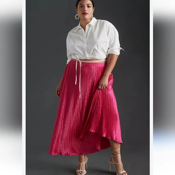 Anthropologie Maeve Pleated Shine Midi Skirt Fushia Hot Pink Barbiecore Girlypop