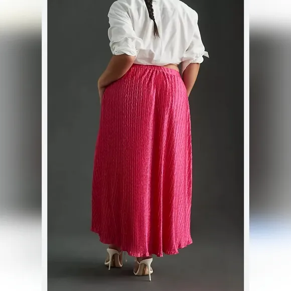 Anthropologie Maeve Pleated Shine Midi Skirt Fushia Hot Pink Barbiecore Girlypop