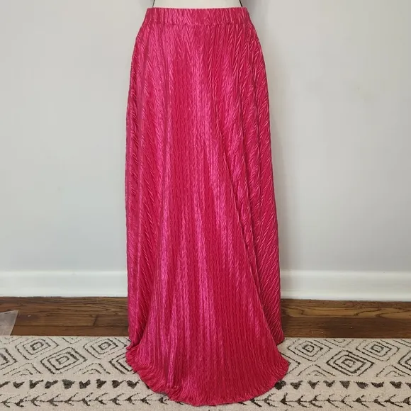 Anthropologie Maeve Pleated Shine Midi Skirt Fushia Hot Pink Barbiecore Girlypop