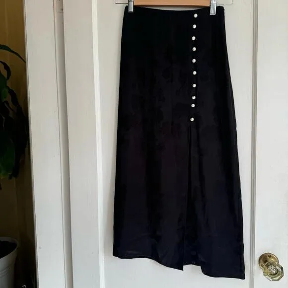 Aritzia Wilfred Baroque Satin Midi Skirt Side Slit Pearl Accent Buttons