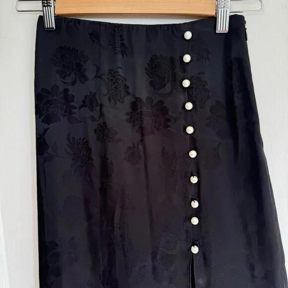 Aritzia Wilfred Baroque Satin Midi Skirt Side Slit Pearl Accent Buttons