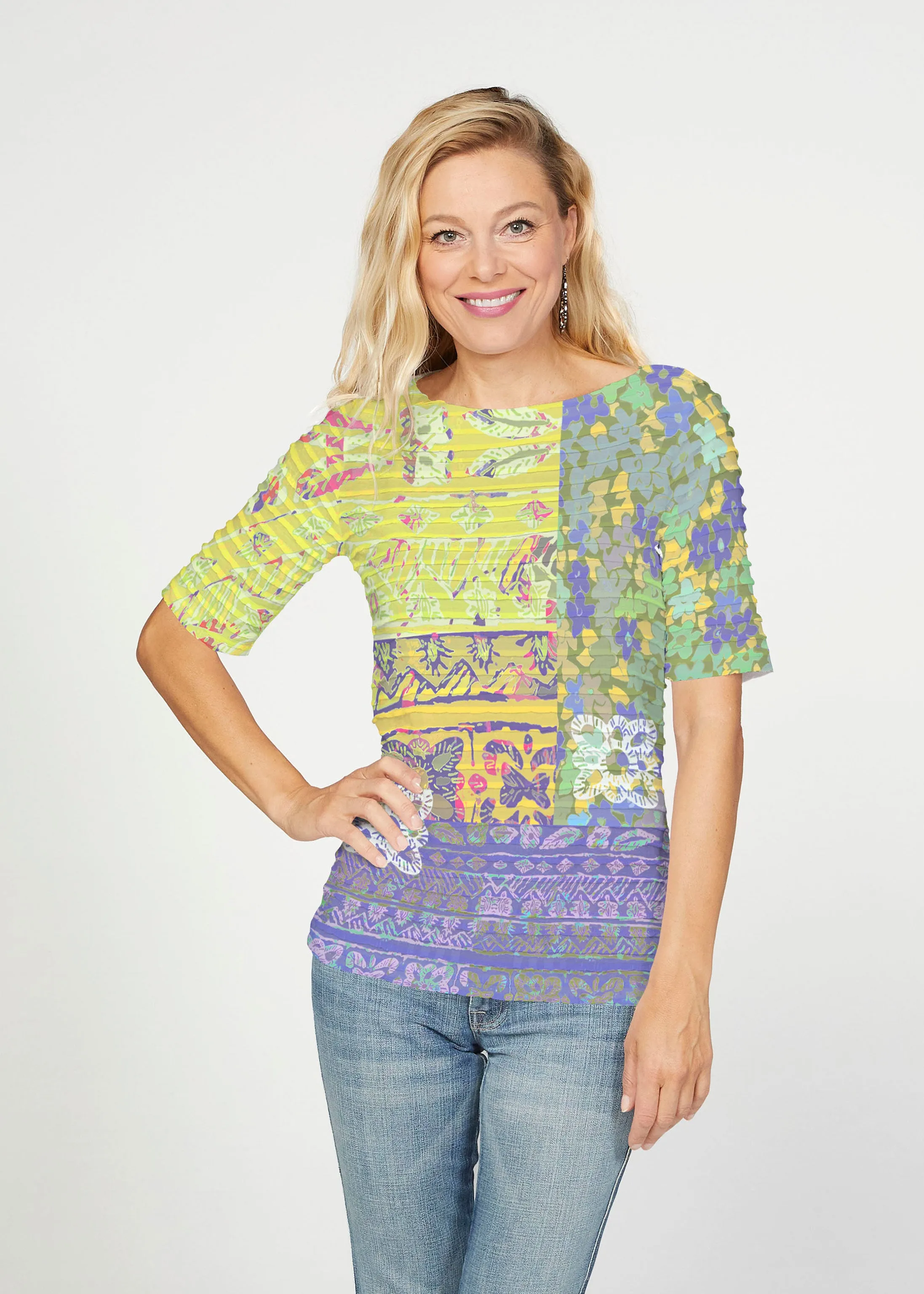 Aspen (19191) ~ Banded Elbow Sleeve Boat Neck Top