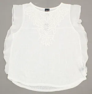 August Moon Women's Sheer Flutter Sleeve Slub Knit Shirt Crochet Applique