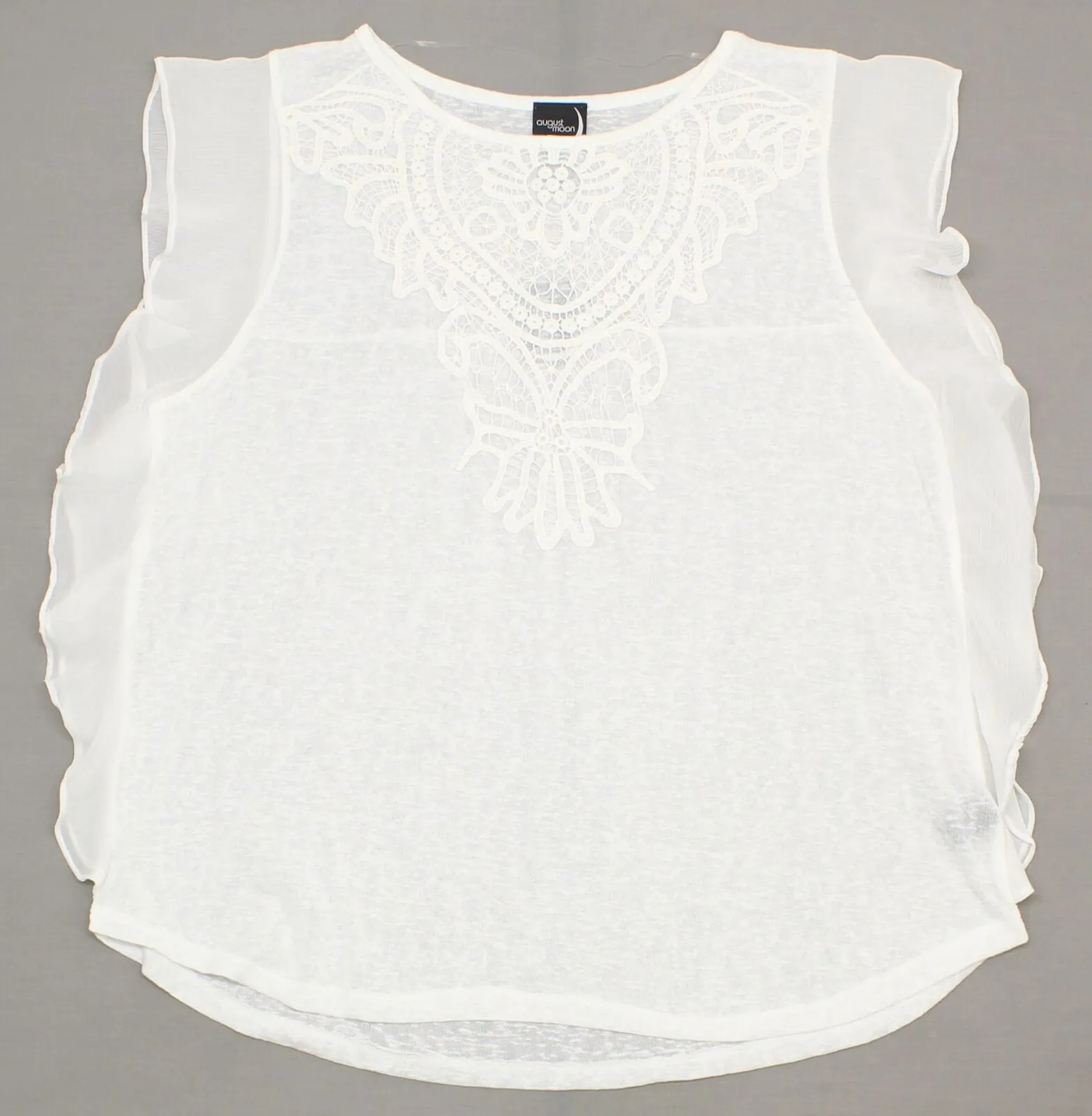 August Moon Women's Sheer Flutter Sleeve Slub Knit Shirt Crochet Applique