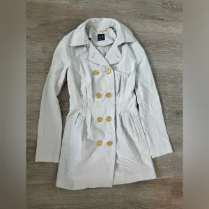 A|X Armani Exchange EUC Trench Coat Jacket Size S Light Gray Gold Buttons