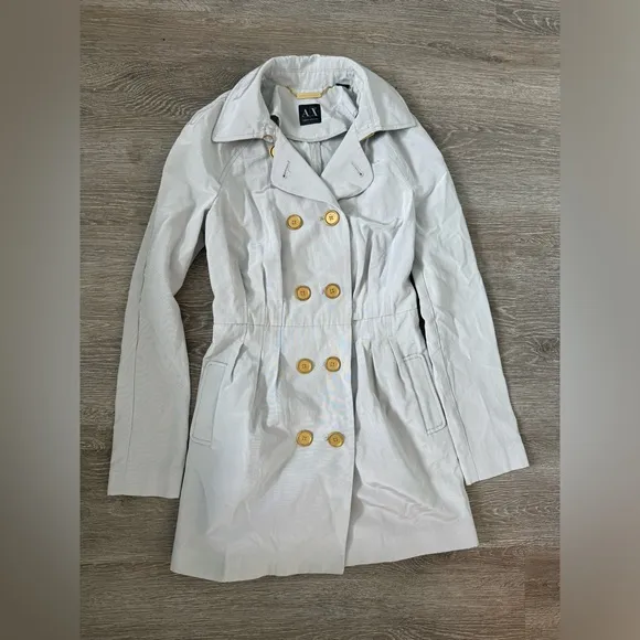 A|X Armani Exchange EUC Trench Coat Jacket Size S Light Gray Gold Buttons