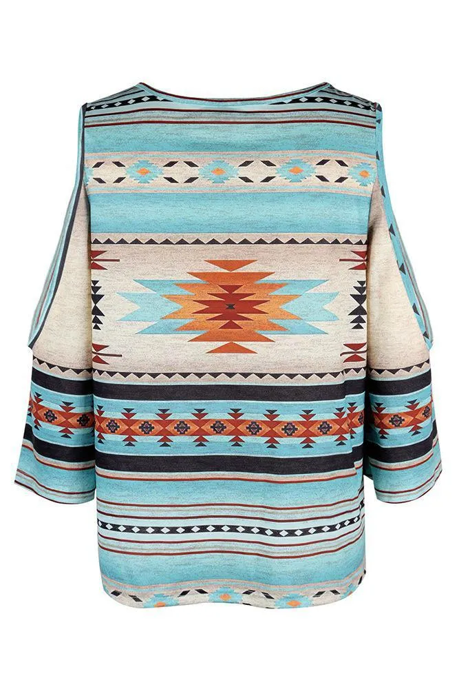 Aztec Printing Cold Shoulder V Neck Top