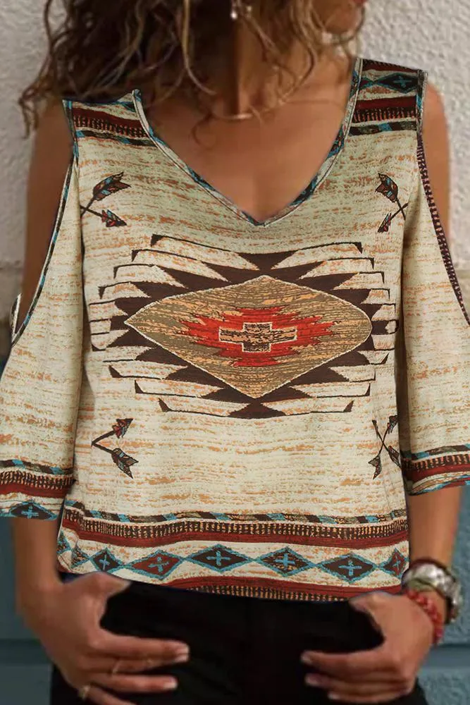 Aztec Printing Cold Shoulder V Neck Top