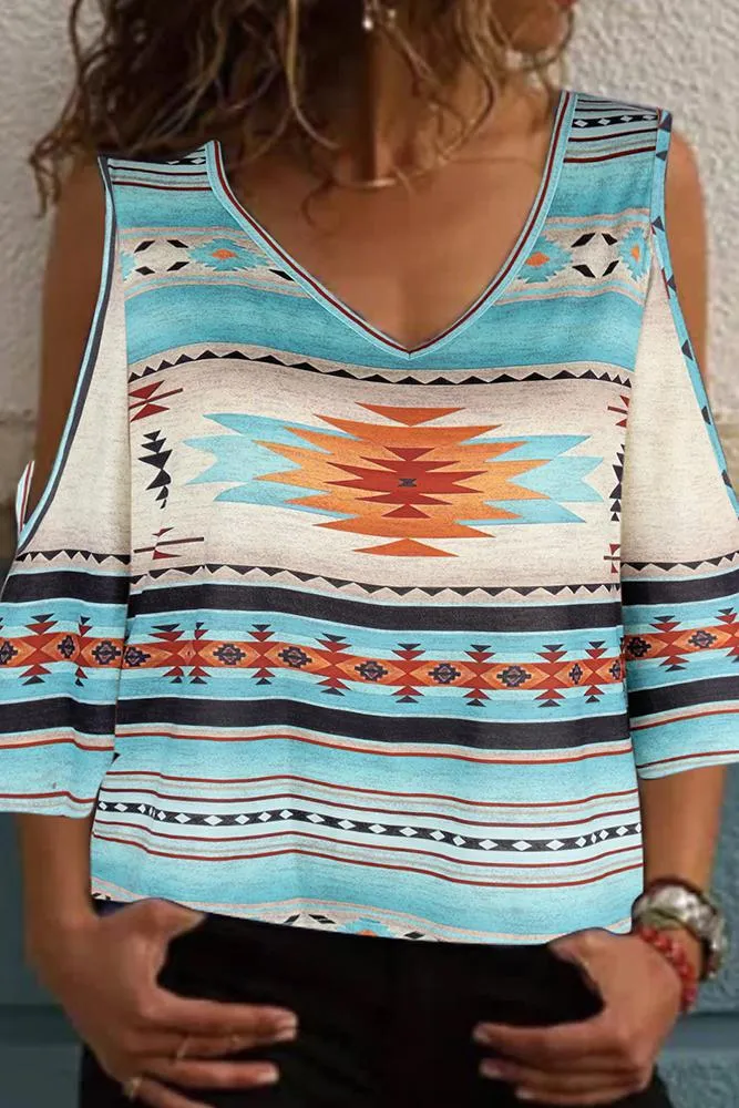 Aztec Printing Cold Shoulder V Neck Top