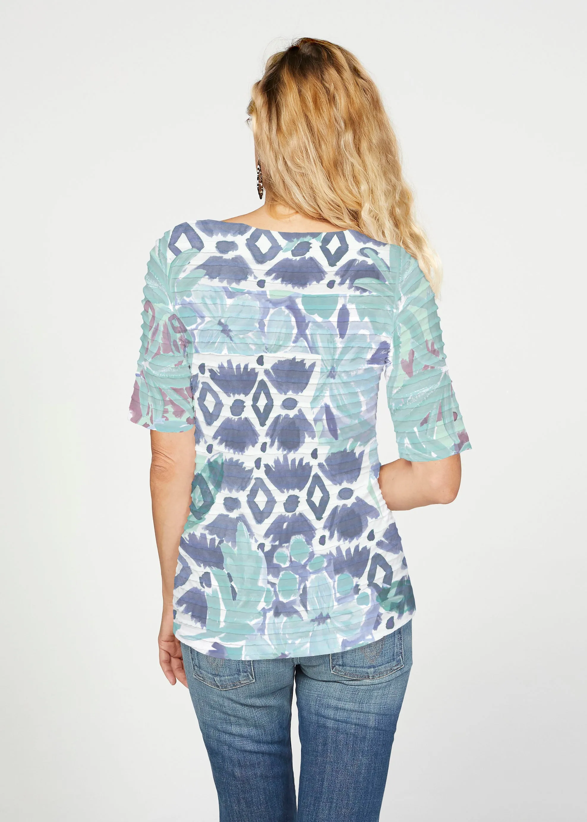 Bali Minty Blue (17291) ~ Banded Elbow Sleeve Boat Neck Top