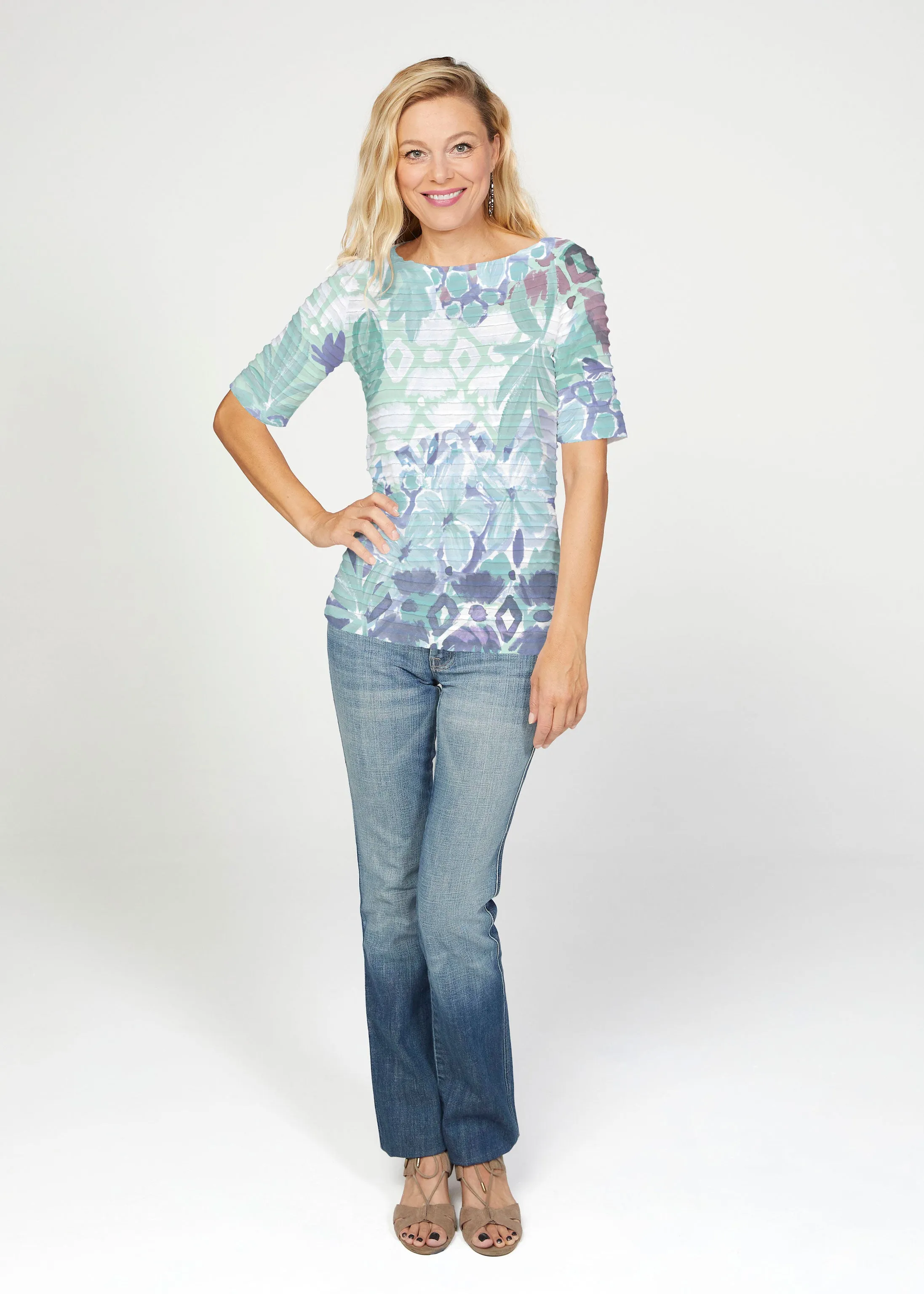 Bali Minty Blue (17291) ~ Banded Elbow Sleeve Boat Neck Top