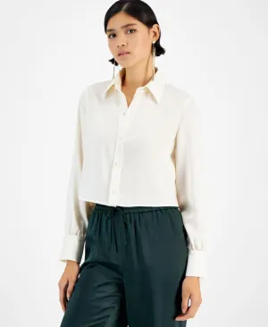 Bar III Cropped Button-Front Long-Sleeve Blouse 1658cb14f715c7 Bar White XL