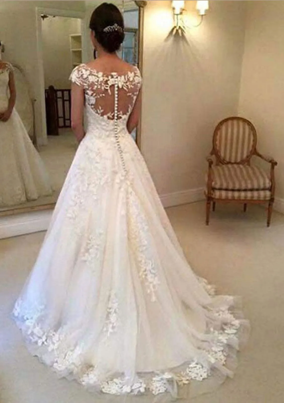 Bateau Cap Sleeve Illusion Court Lace Tulle A-line Wedding Dress