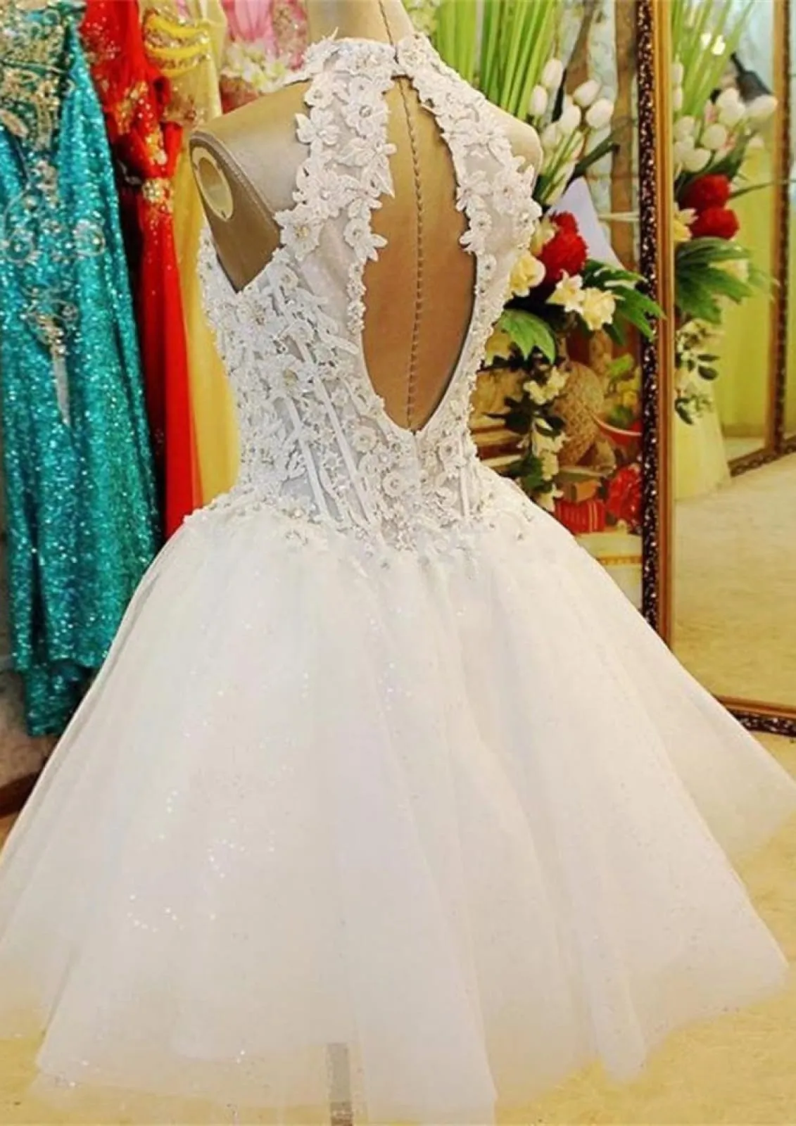Beading Corset Halter Sleeveless Short Lace Tulle Wedding Dress