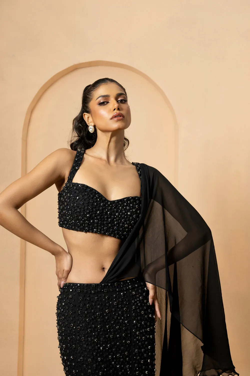 Black Embroidered Fishtil Lehenga With Drape Dupatta