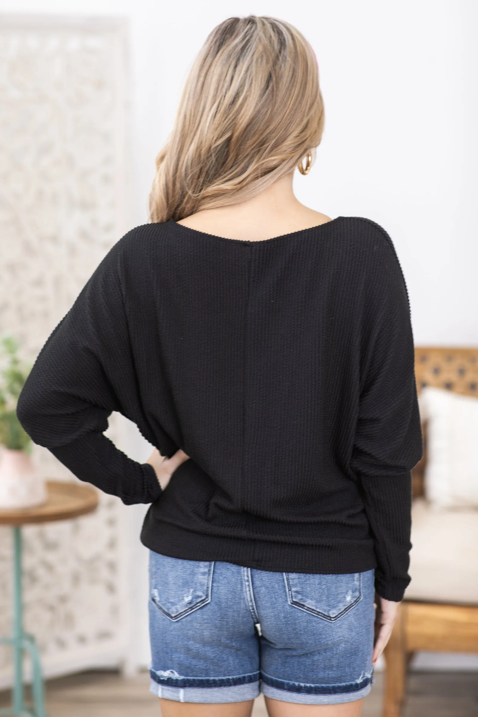 Black Ribbed Dolman Sleeve Knit Top