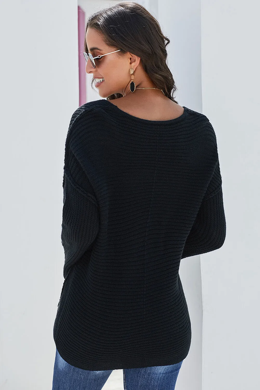 Black Textured V Neck Pullover Sweater