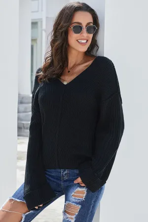 Black Textured V Neck Pullover Sweater