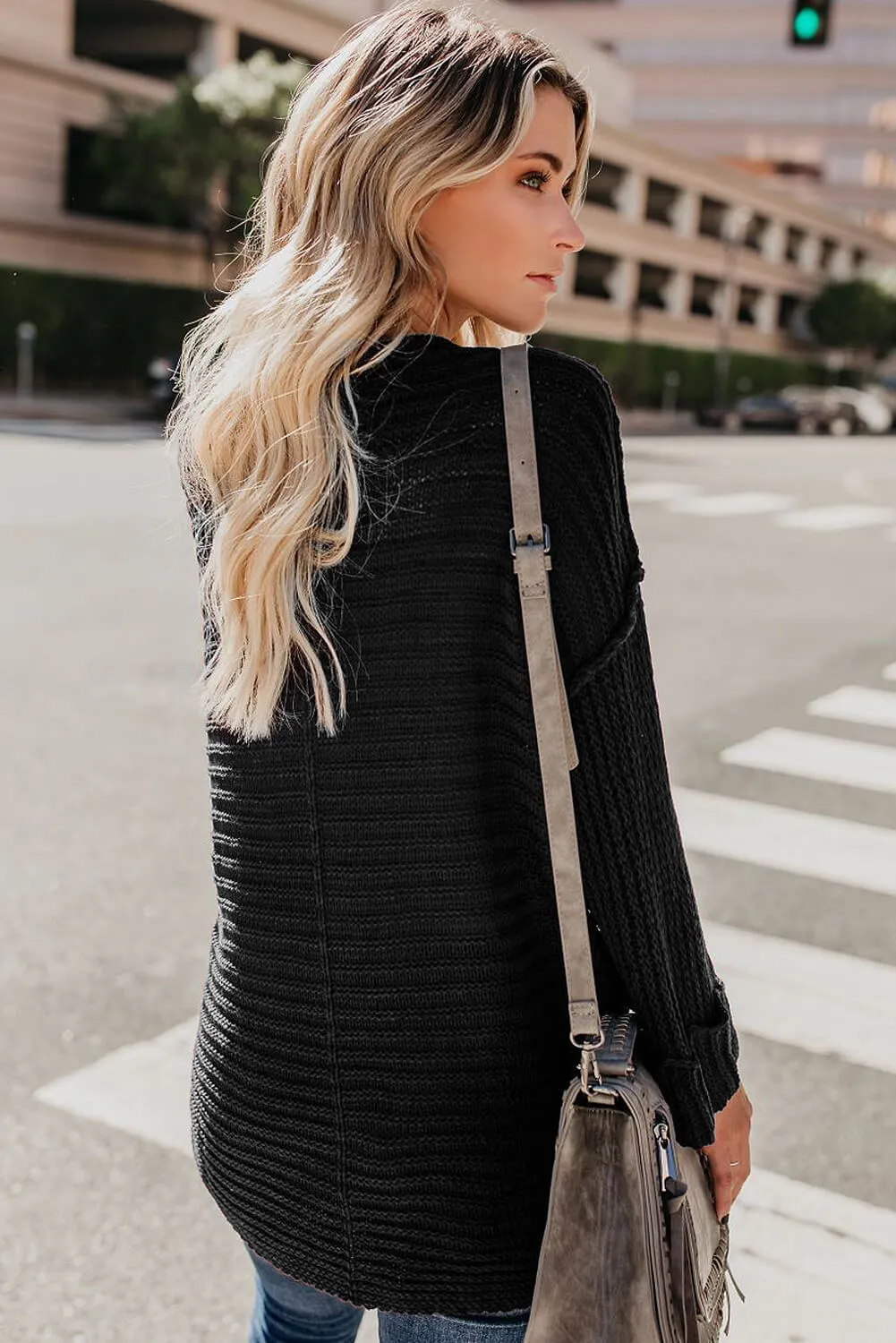Black Textured V Neck Pullover Sweater