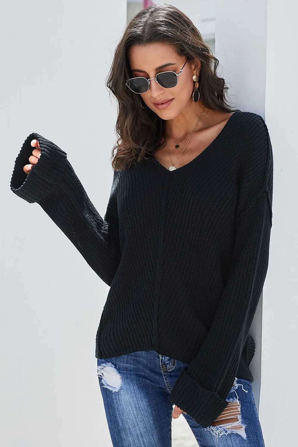 Black Textured V Neck Pullover Sweater