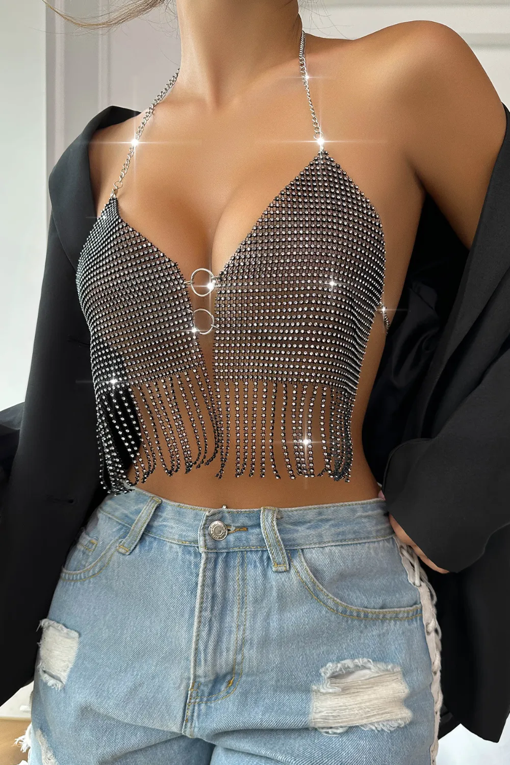 Black V Neck Glisten Mesh Tssels Top