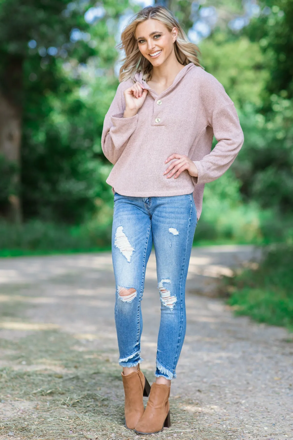 Blush V-Neck Hooded Top