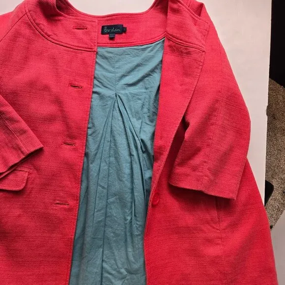 Boden Coral Pink Twill Cotton 3/4 Sleeve Mid Length Trench Coat Sz 14 Easter