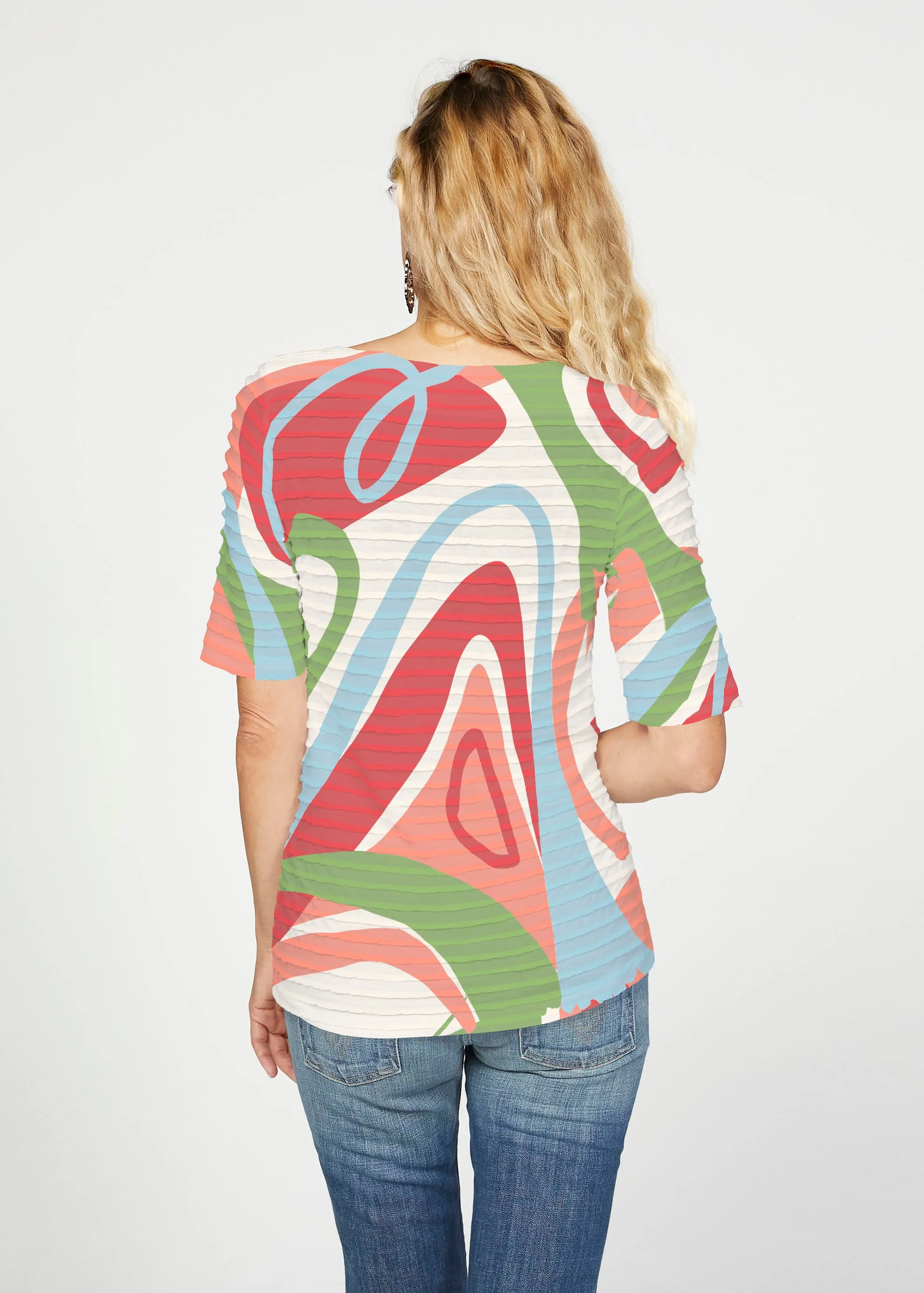Boomerang (17292) ~ Banded Elbow Sleeve Boat Neck Top