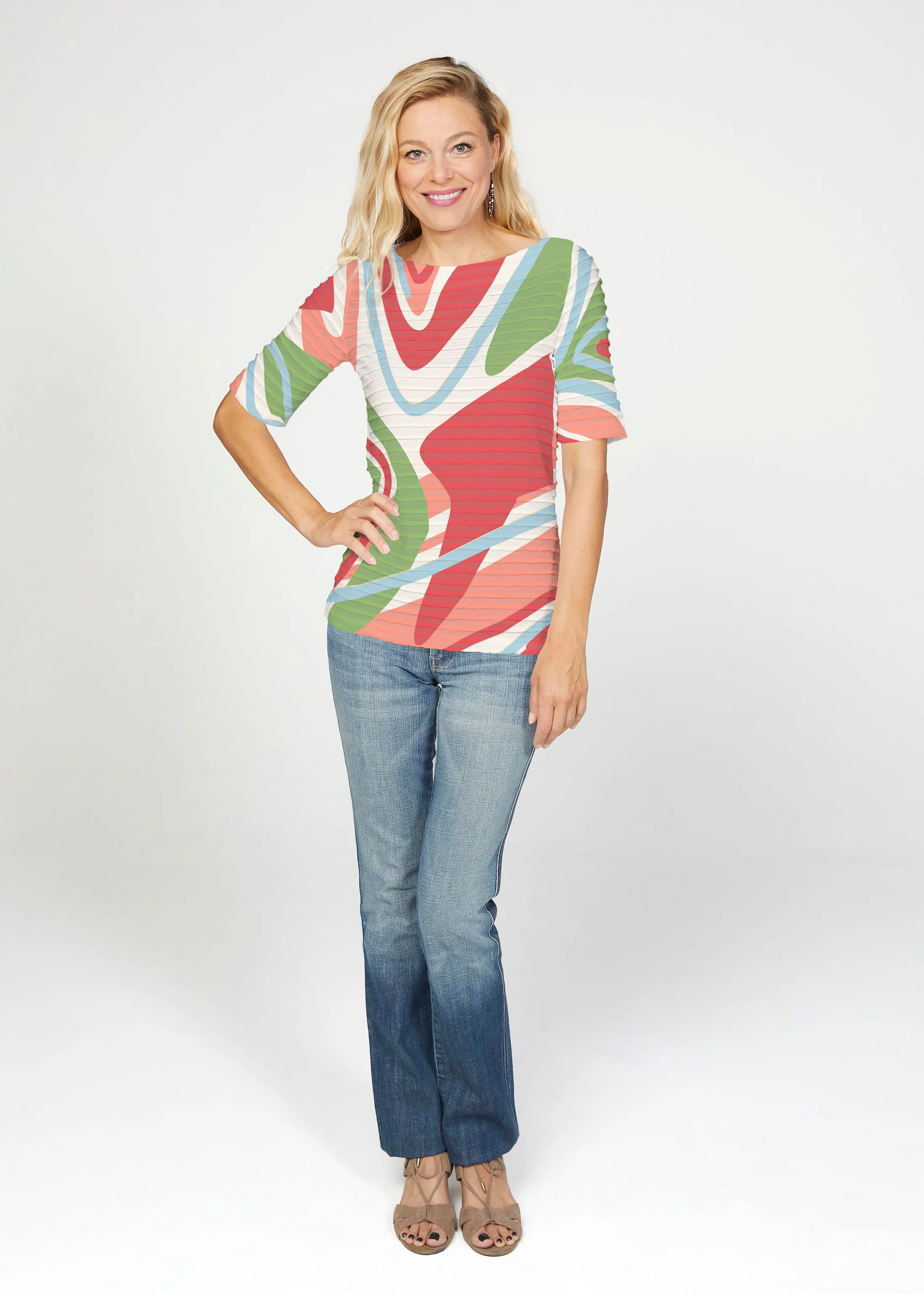 Boomerang (17292) ~ Banded Elbow Sleeve Boat Neck Top