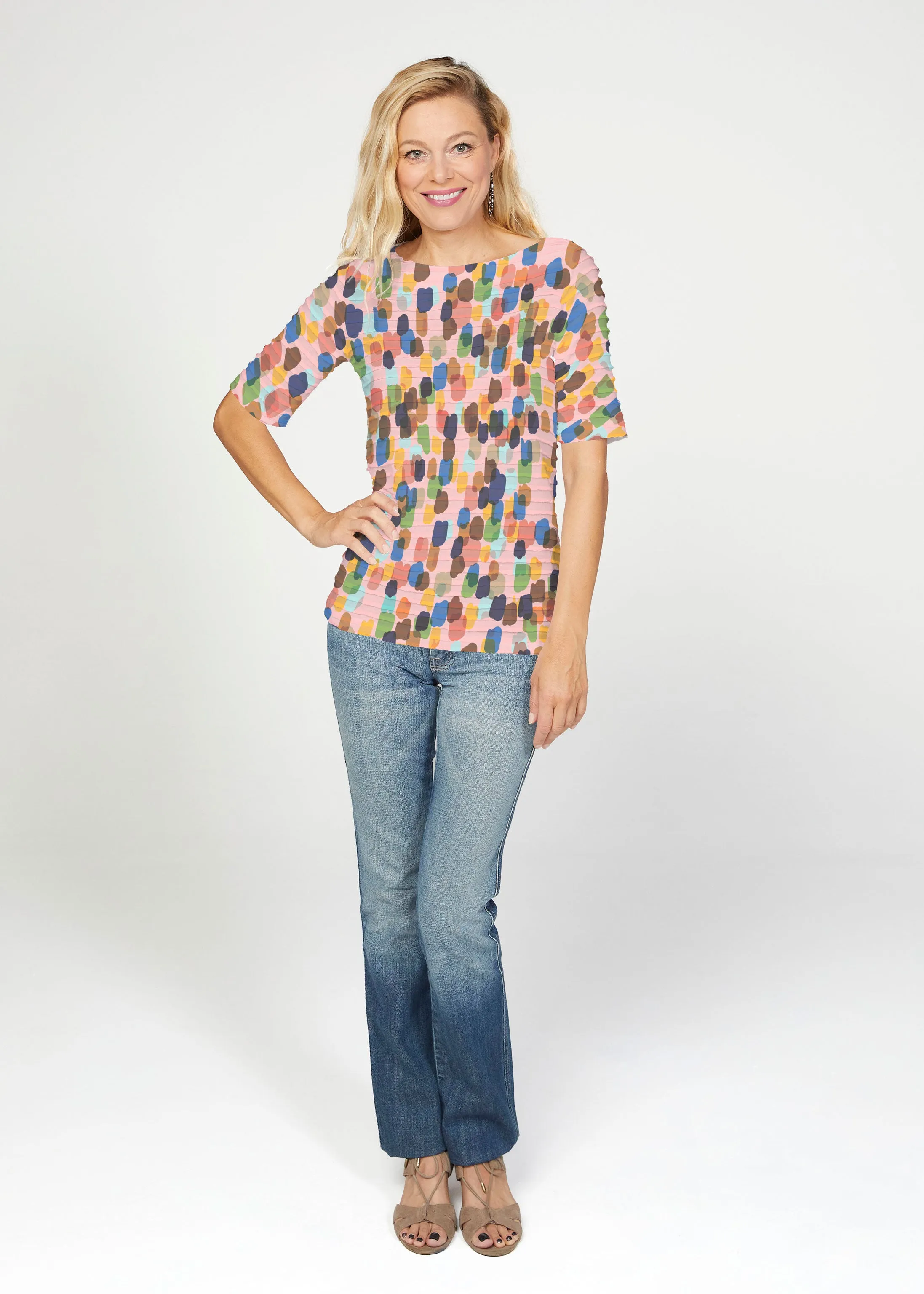 Brushstroke Multi (14293) ~ Banded Elbow Sleeve Boat Neck Top