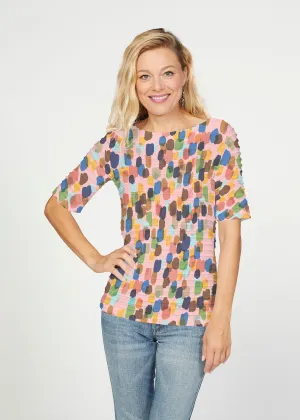 Brushstroke Multi (14293) ~ Banded Elbow Sleeve Boat Neck Top