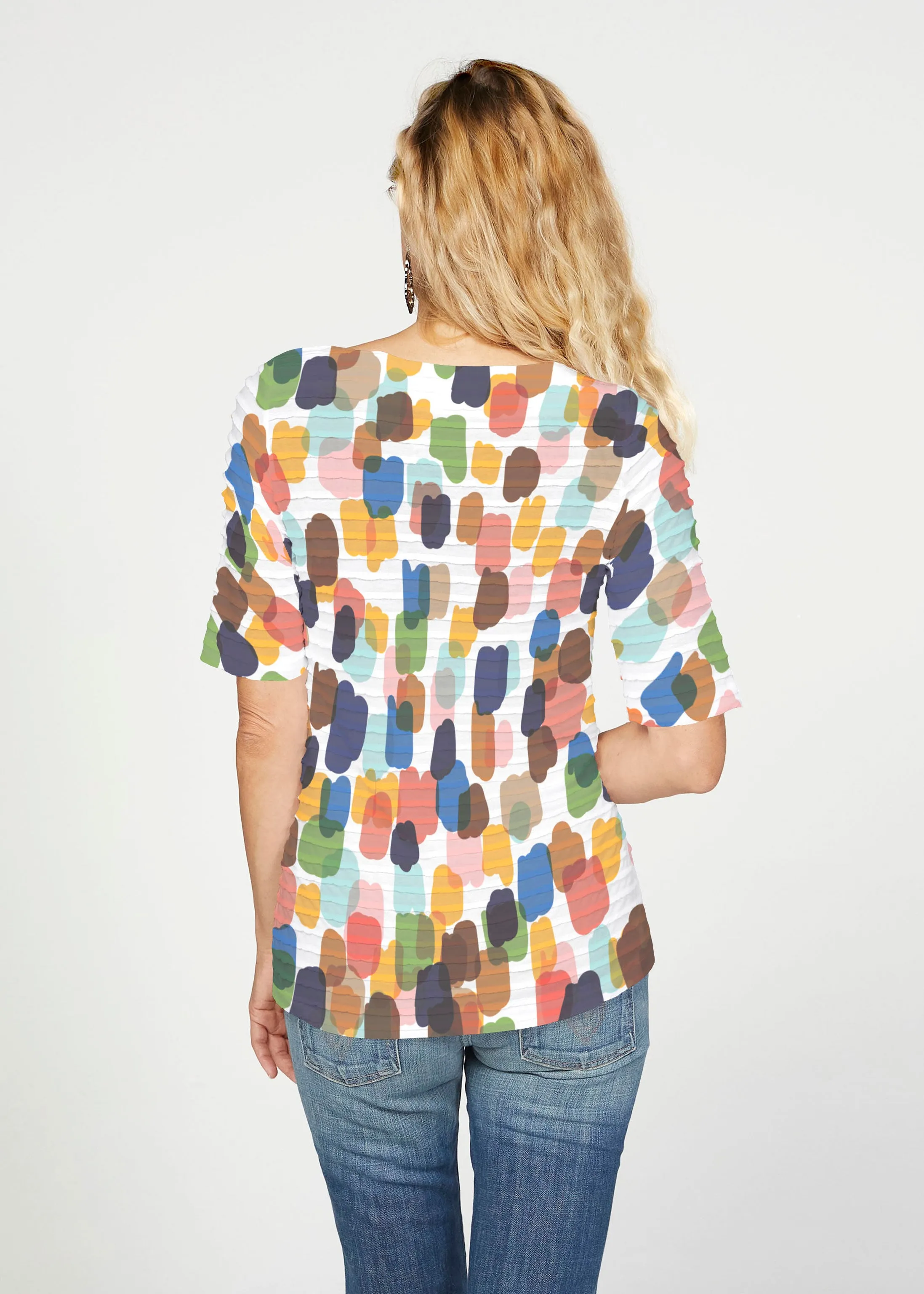 Brushstroke Multi (14293) ~ Banded Elbow Sleeve Boat Neck Top