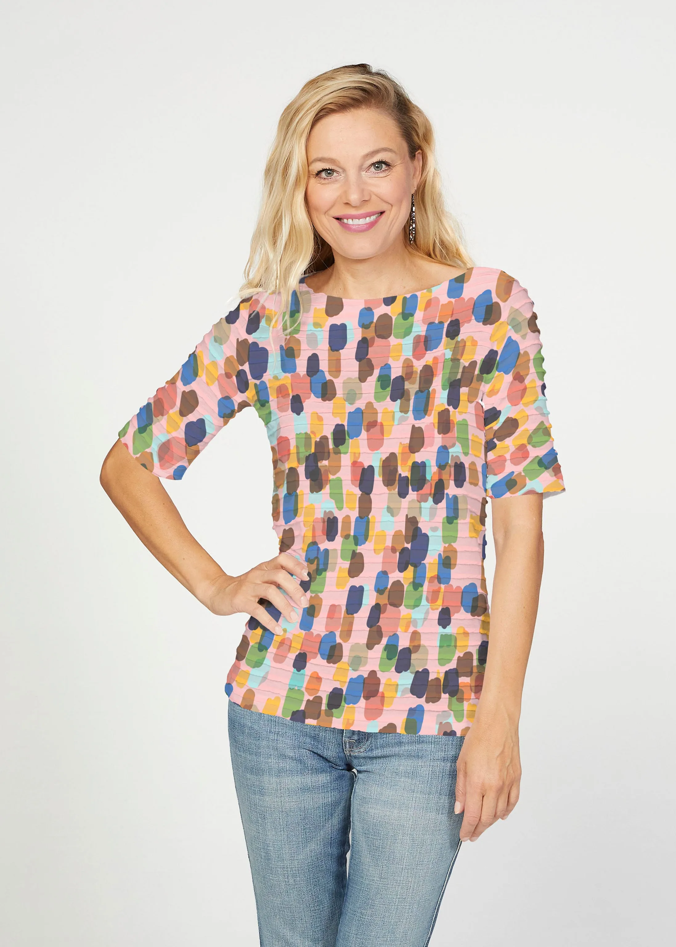 Brushstroke Multi (14293) ~ Banded Elbow Sleeve Boat Neck Top