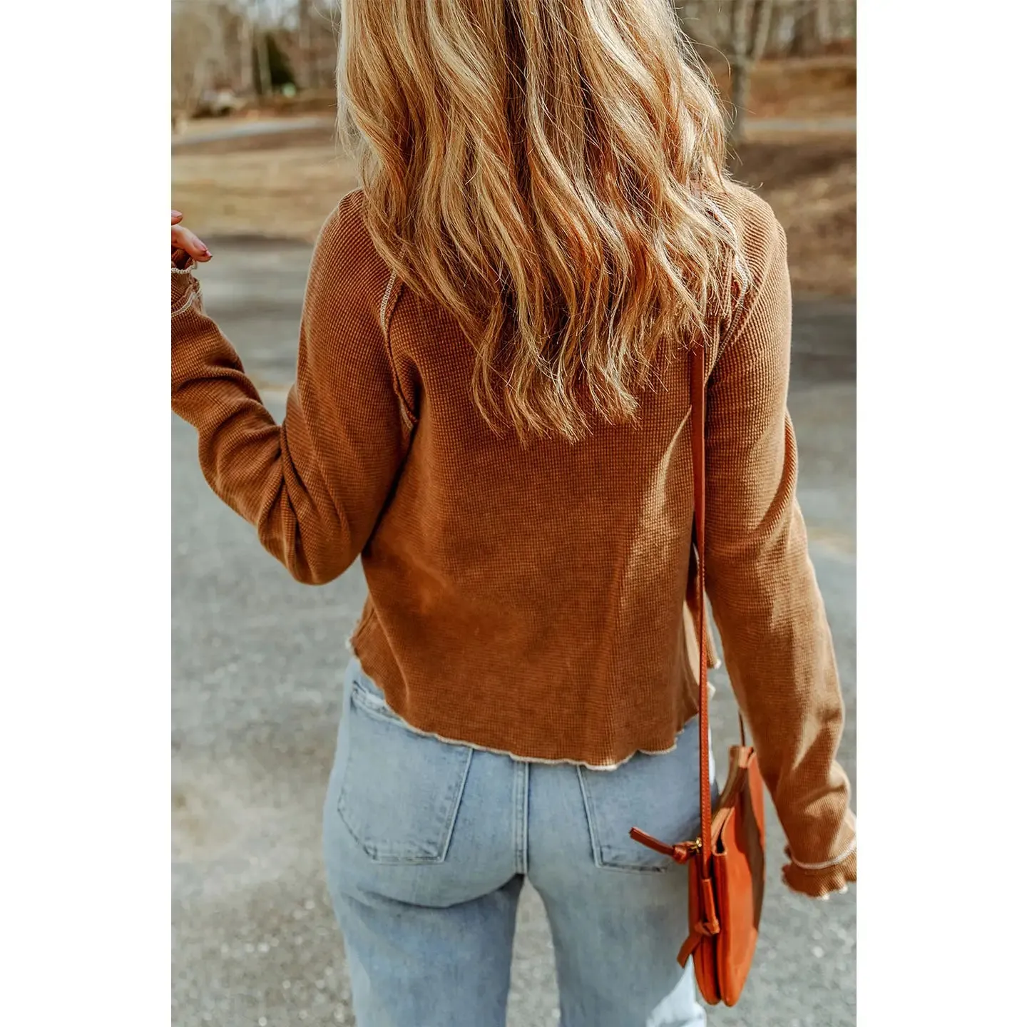 Camel Waffled Round Neck Long Sleeve Top